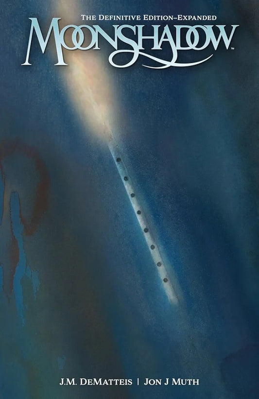 Book cover of 'Moonshadow' with a flute and silhouette on a blue background