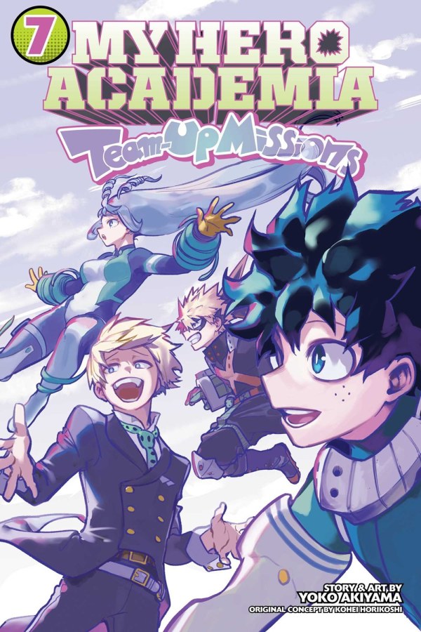 Cover of 'My Hero Academia: Team-Up Missions' Volume 7 with characters in action poses against a sky background.