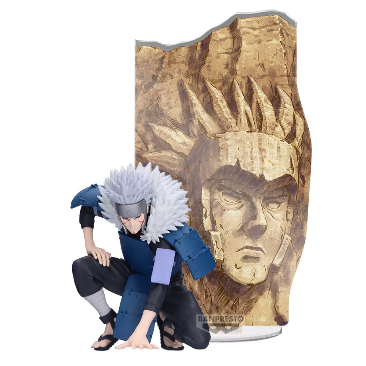 Action figure of a character with spiky hair and blue outfit in front of a wooden plaque with a face design.