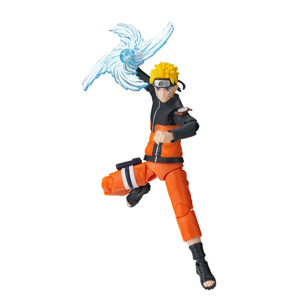 Action figure of a character in orange and black outfit with blue energy effect on white background