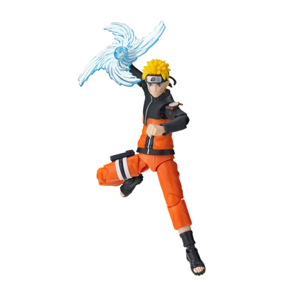 Action figure of a character in orange and black outfit with blue energy effect on white background