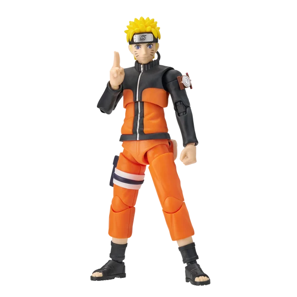 A Naruto action figure of the character Naruto Uzumaki, standing in a pose with one finger raised, wearing his signature orange and black jacket and pants, on a solid white background.