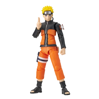 A Naruto action figure of the character Naruto Uzumaki, standing in a pose with one finger raised, wearing his signature orange and black jacket and pants, on a solid white background.
