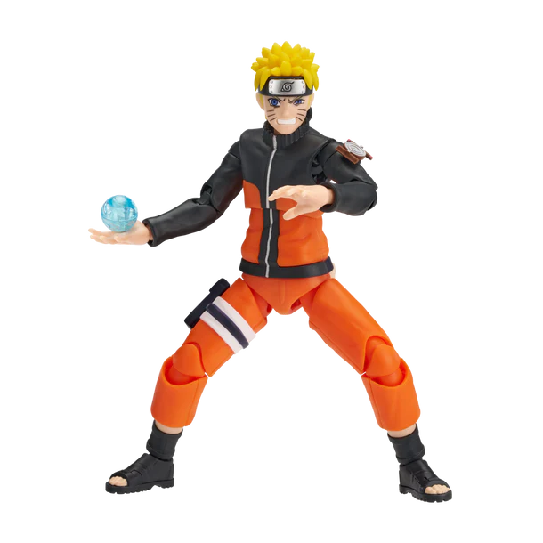 Action figure in orange and black outfit with a blue sphere on a white background