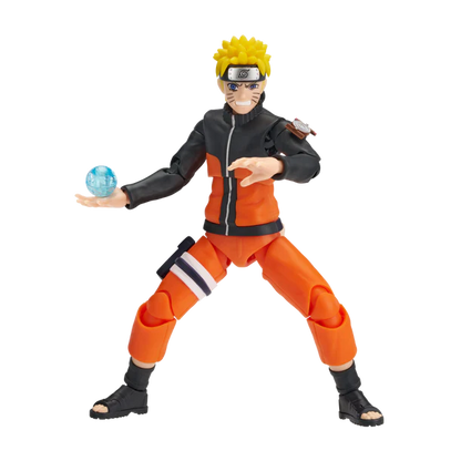 Action figure in orange and black outfit with a blue sphere on a white background
