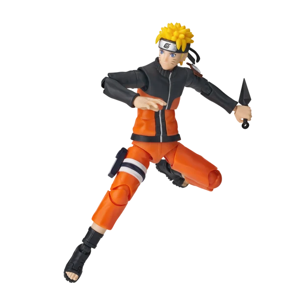 An action figure of Naruto in a dynamic pose, wearing his signature orange and black ninja outfit with yellow hair and holding a black kunai, isolated on a white background.