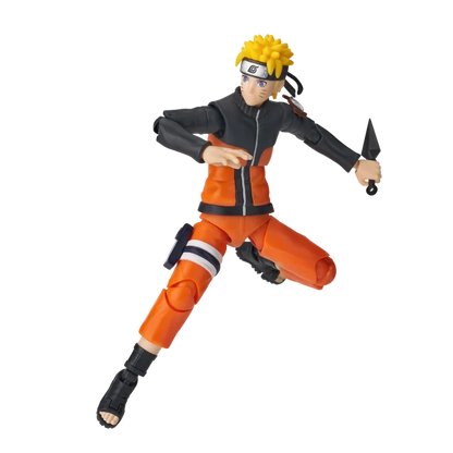 An action figure of Naruto in a dynamic pose, wearing his signature orange and black ninja outfit with yellow hair and holding a black kunai, isolated on a white background.