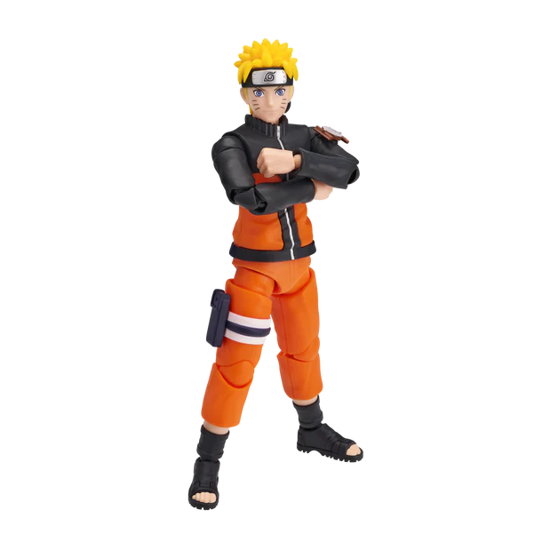 Action figure in orange and black outfit on a white background
