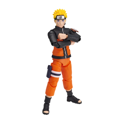 Action figure in orange and black outfit on a white background
