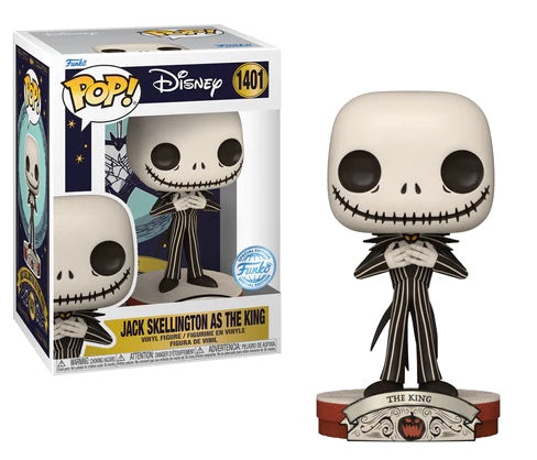 Funko Pop! Disney 1401 Jack Skellington as the King figurine, shown both in and out of its packaging.