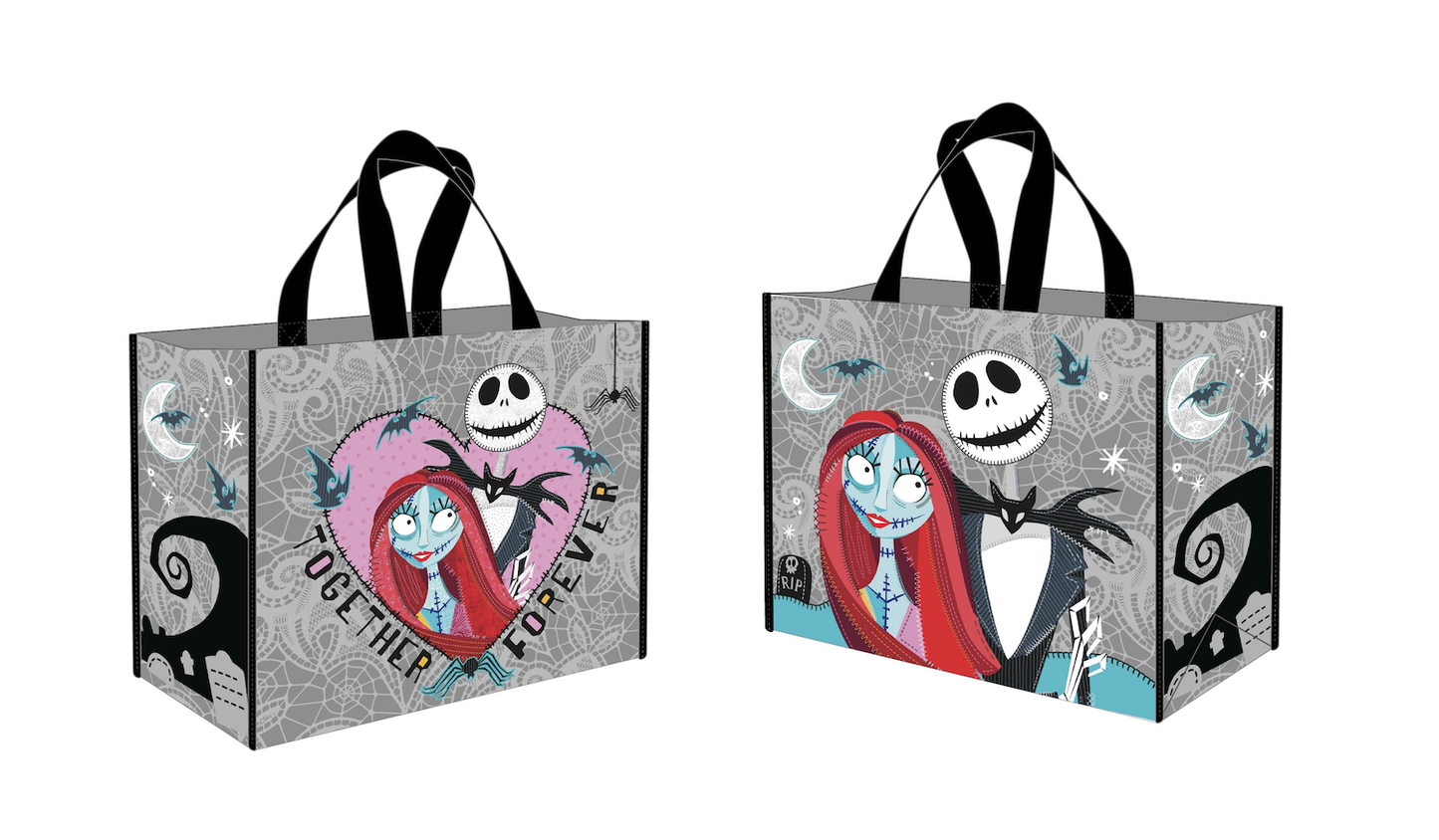 Two gift bags featuring characters from 'The Nightmare Before Christmas' on a white background.