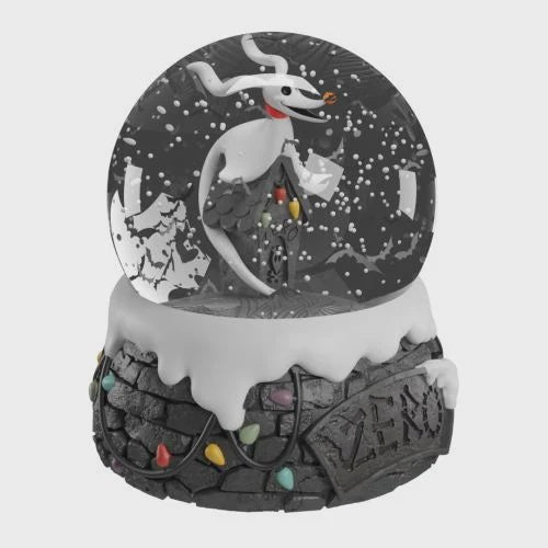 Snow globe with a character on top, surrounded by colorful lights, on a white background