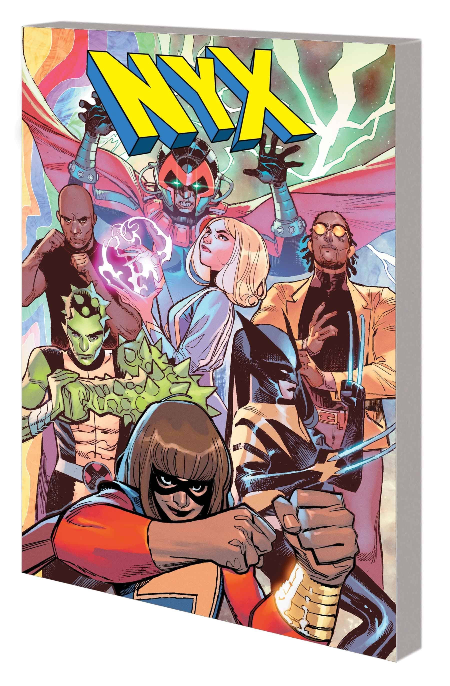Comic book cover featuring characters with the title 'NYX' on a colorful background