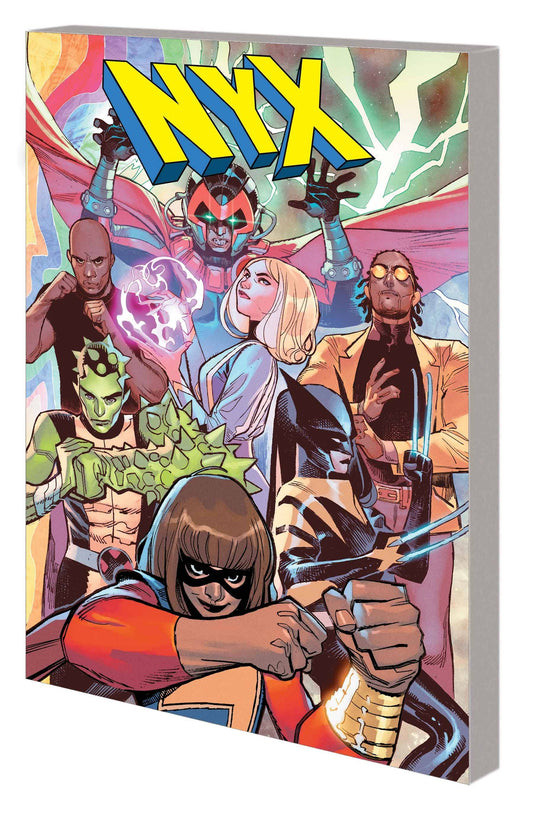 Comic book cover featuring characters with the title 'NYX' on a colorful background