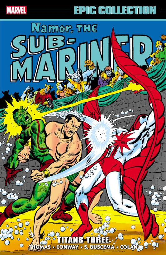 Comic book cover featuring Namor the Sub-Mariner and other characters with vibrant colors and dynamic poses.