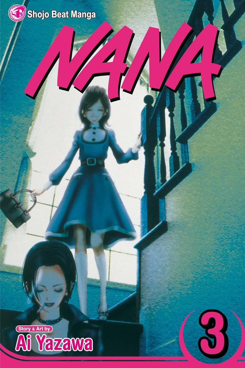 Cover of the manga 'Nana' featuring a female character in a blue dress with a suitcase, set against a staircase background.