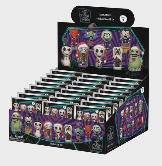 Display of 'The Nightmare Before Christmas' figurine bags with a purple and black design.