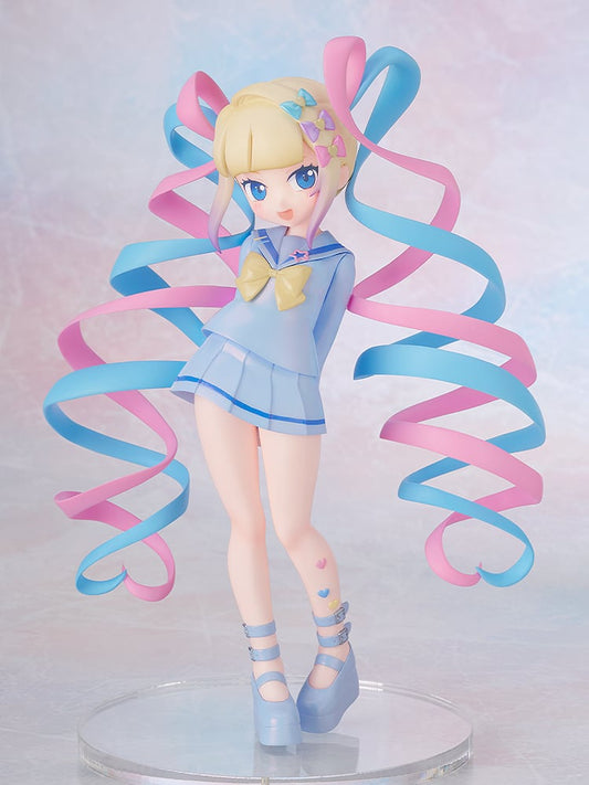 Figurine of a character in a blue outfit with colorful ribbons on a light background