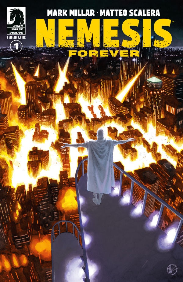 Comic book cover of 'Nemesis Forever' with a city in flames and a character on a rooftop.