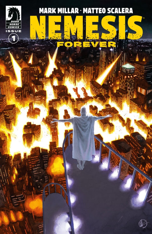 Comic book cover of 'Nemesis Forever' with a city in flames and a character on a rooftop.