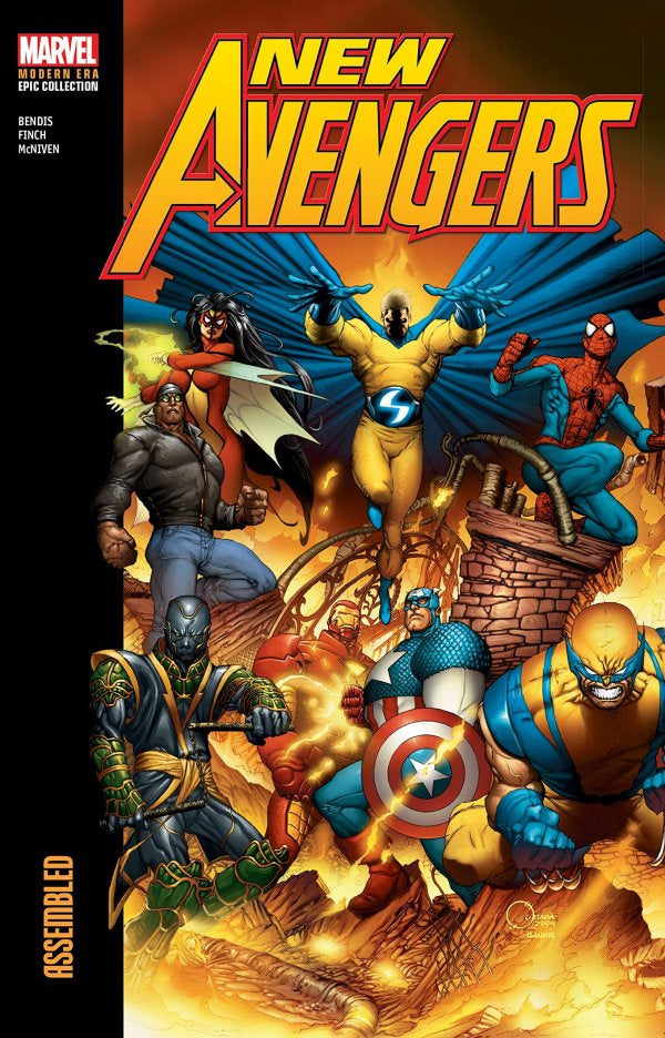 Comic book cover of 'New Avengers' featuring multiple characters in action poses.