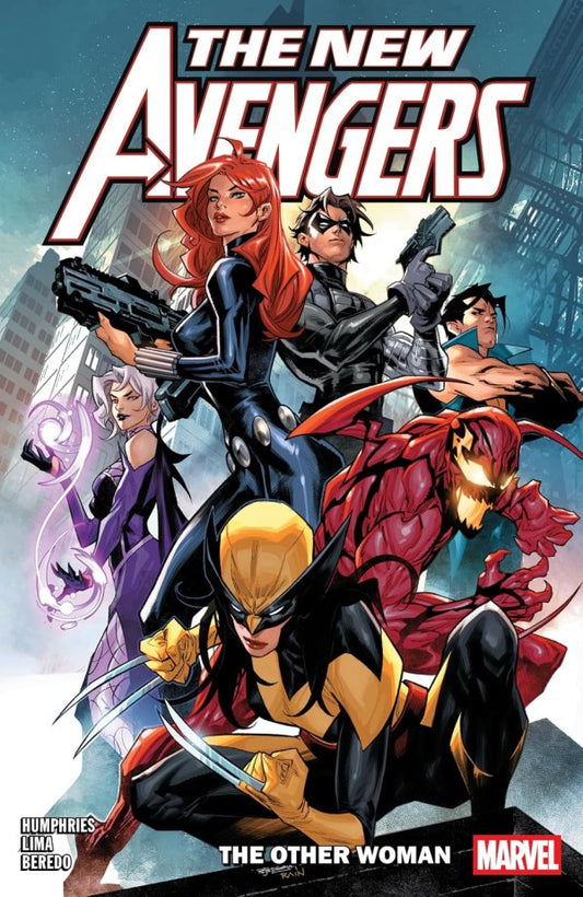Comic book cover for The New Avengers: The Other Woman, featuring multiple Marvel superheroes including Black Widow, Clea, Carnage, Namor, The Winter Soldier and Wolverine in a dynamic city scene with large title text at the top and a Marvel logo at the bottom right.