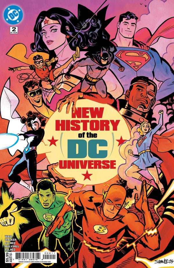 Comic book cover featuring multiple superhero characters with 'New History of the DC Universe' text.