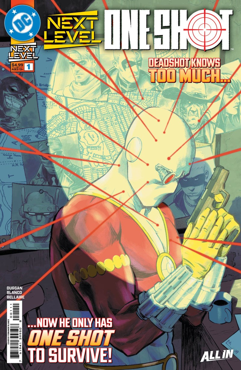 Comic book cover for DC's Next Level One Shot #1, featuring a bald man in a red and gold suit holding a gun, with red crosshair lines across the image and comic-style text and panel art.