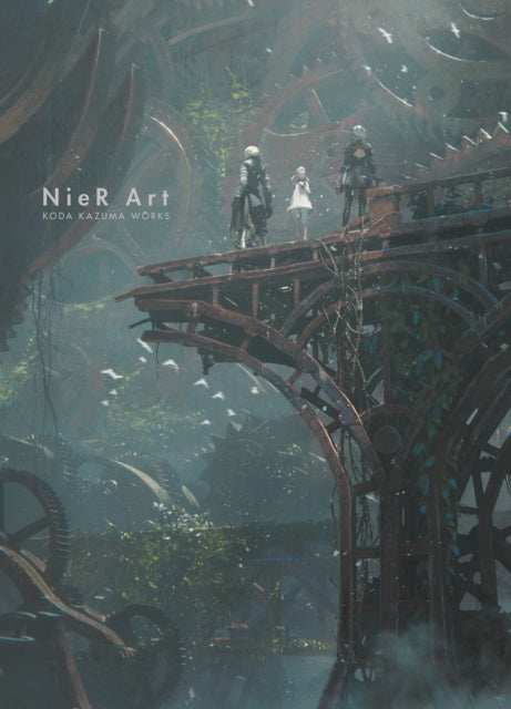 Artwork from 'NieR' featuring characters on a mechanical structure with a dark, atmospheric background.