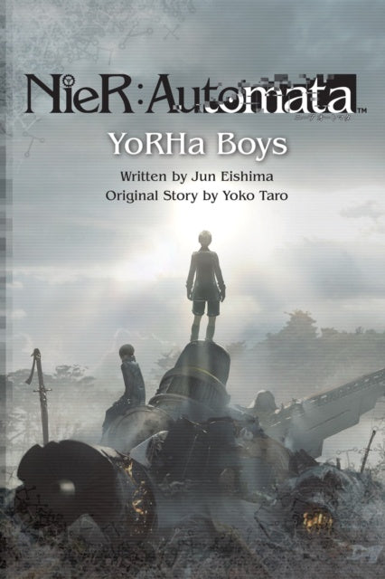 Cover of 'NieR: Automata YoRHa Boys' with a character standing on a destroyed vehicle against a cloudy sky.