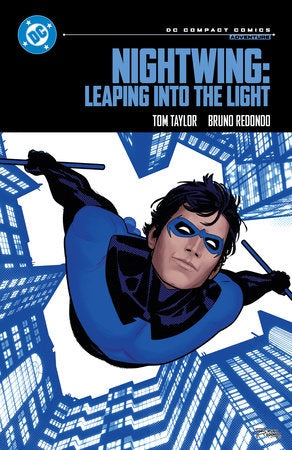 Comic book cover of 'Nightwing: Leaping into the Light' with a superhero in flight.