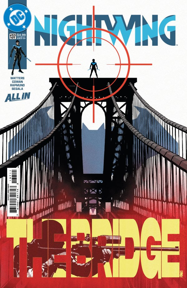 Comic book cover of 'Nightwing' with a bridge and target design.