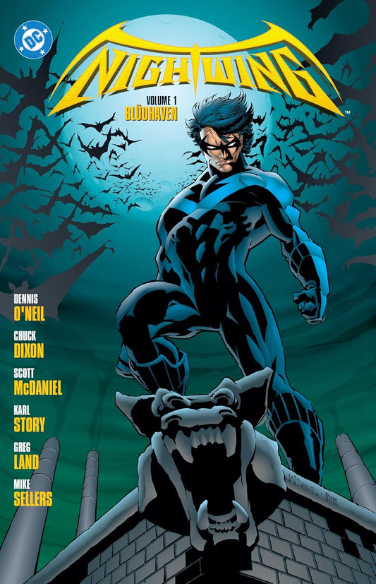 Comic book cover of Nightwing with character on a rooftop and moonlit background