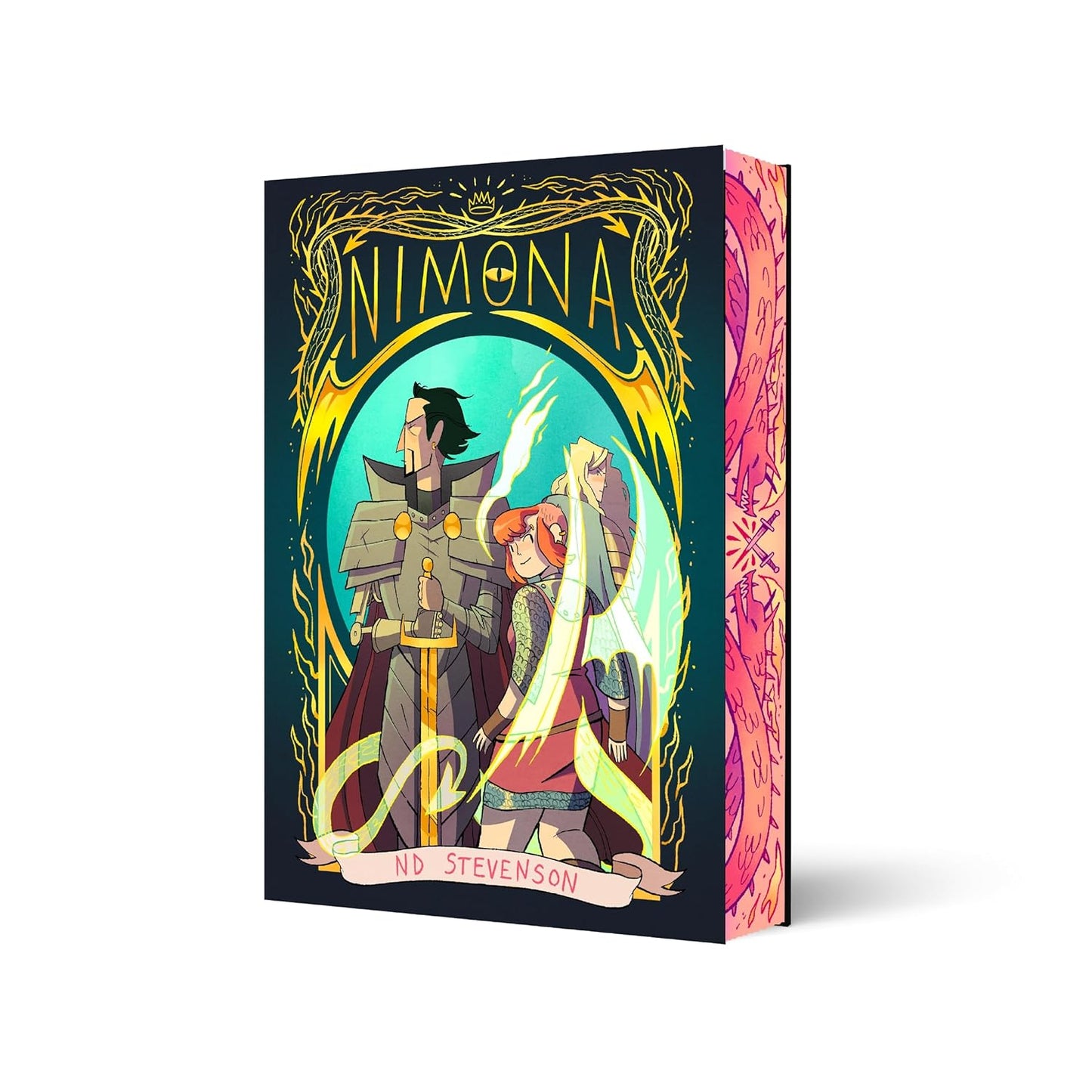 Book cover of 'Nimona' with two characters and decorative elements on a white background