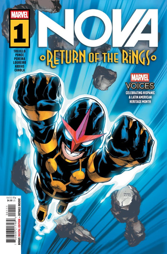 Marvel's Nova: Return of the Rings #1 comic book cover, featuring the superhero Nova flying forward through blue streaks with floating rocks and large title text.