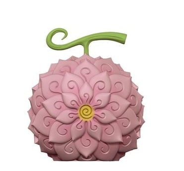 Pink flower-shaped object with a green stem on a white background