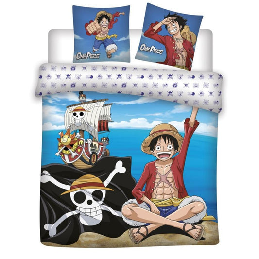 One Piece themed bedding set with character and ship design on a white background