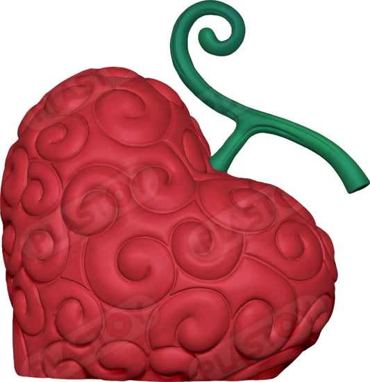 Red textured object with a green handle on a white background