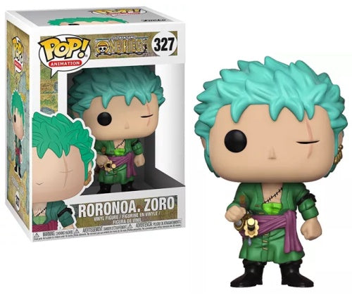 Funko POP! Bobblehead action figure of Roronoa Zoro from ONE PIECE with green hair and in green attire, displayed in window box packaging.