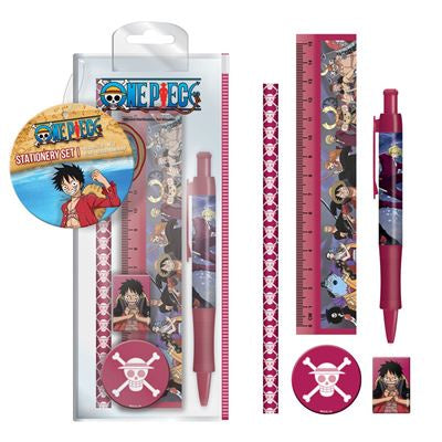 One Piece stationery set with pen, ruler, and stickers on a white background