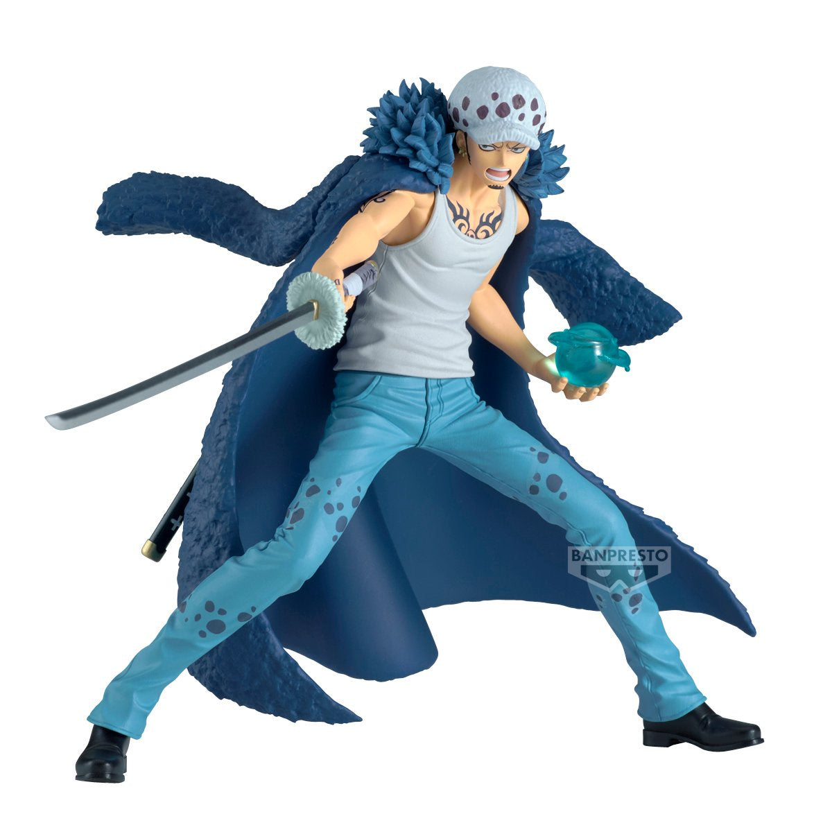 Action figure with blue cape and holding a sword and ball on a white background