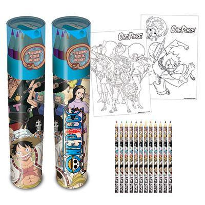 One Piece coloring book set with coloring pages and pencils on a white background