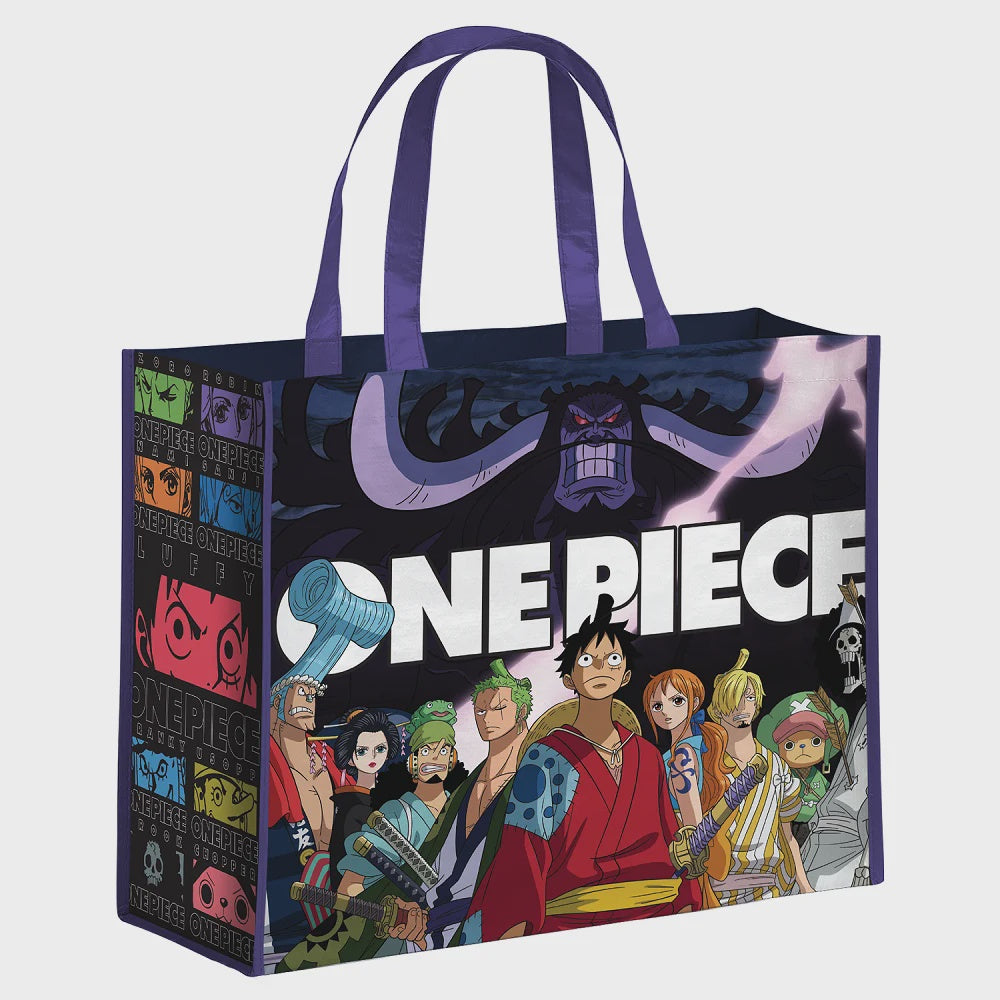 Tote bag with 'One Piece' characters and logo on a white background
