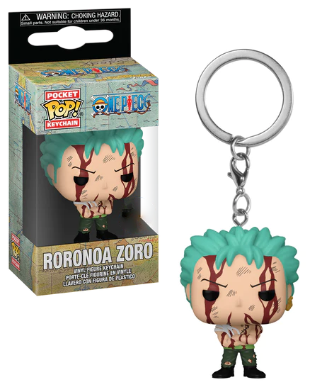 Funko Pop! keychain of Roronoa Zoro from One Piece with packaging on a white background