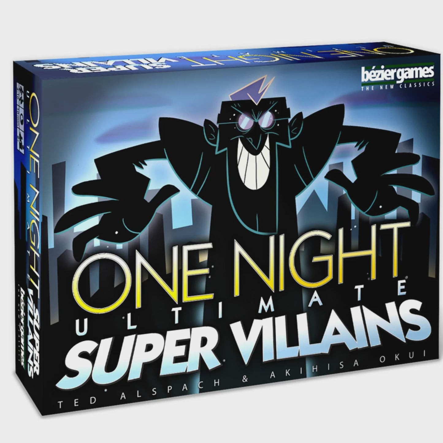 Cover of 'One Night Ultimate Supervillains' with a villain silhoutte on a blue background 