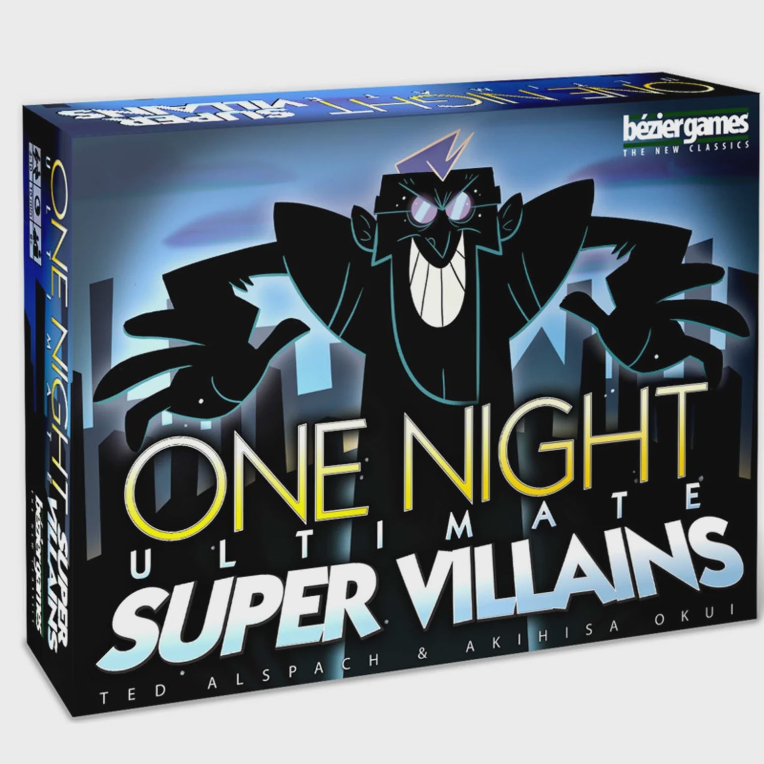 Cover of 'One Night Ultimate Supervillains' with a villain silhoutte on a blue background 