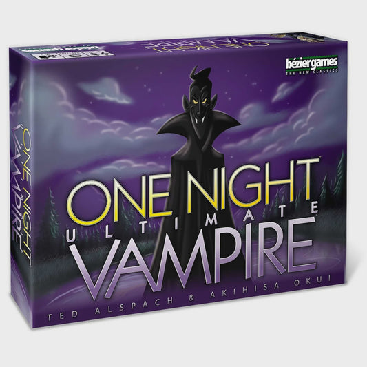 Board game box for 'One Night Ultimate Vampire' with a vampire illustration on a purple background.