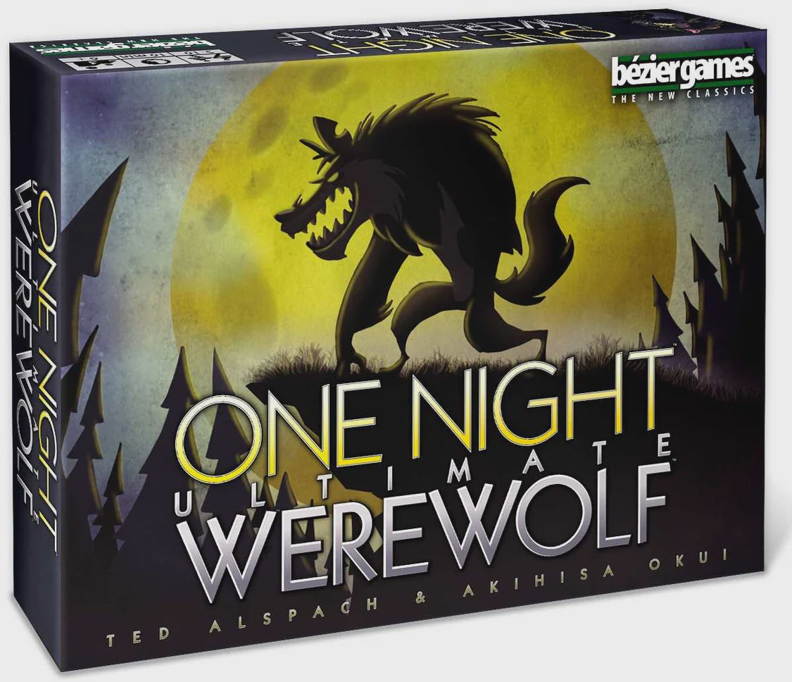 Board game box for 'One Night Ultimate Werewolf' with a werewolf illustration and moon in the background.