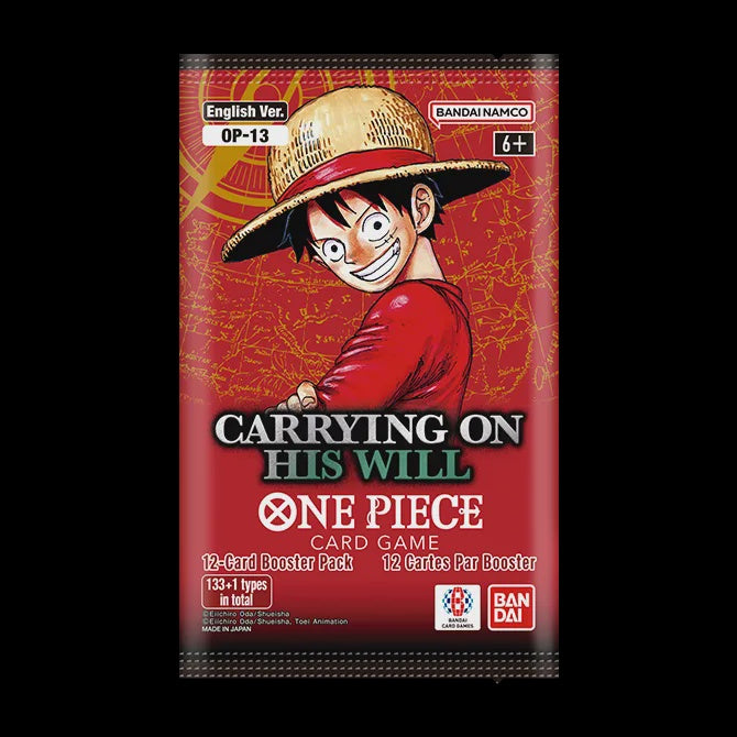 One Piece card game booster pack with character design on a red background