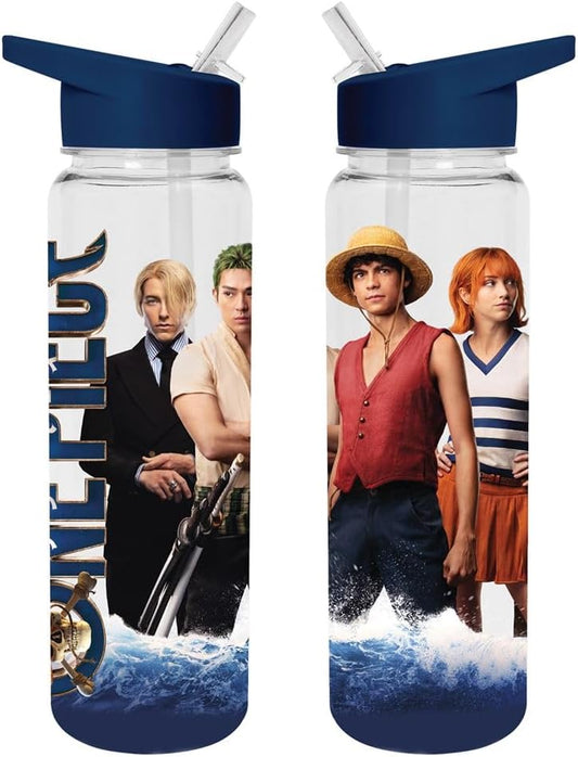 Two clear plastic water bottles with dark blue flip-top lids and straws, printed with characters and artwork from One Piece, shown on a plain white background.